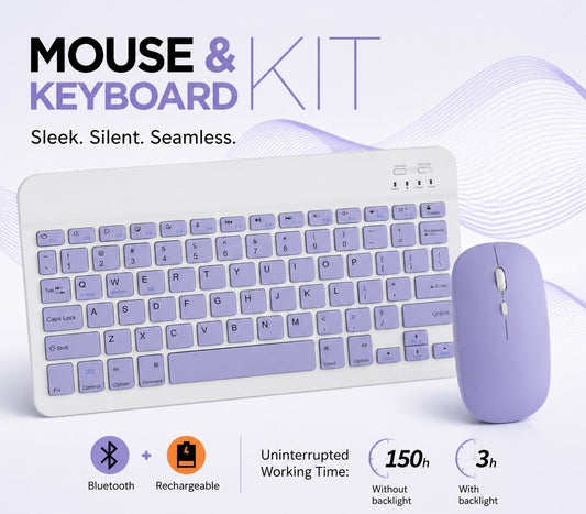 Wireless Bluetooth Keyboard and Mouse Combo – Rechargeable Slim Keyboard Kit with Multi-Device Support, Silent Click Mouse, Long Battery Life, Compact Portable Design for Laptop, PC, Tablet Purple