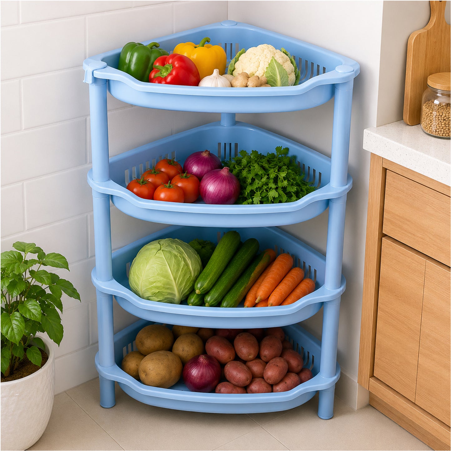 4-Layer Plastic Corner Storage Rack for Kitchen & Home – Space-Saving Multi-Tier Vegetable & Fruit Organizer Shelf, Durable Ventilated Storage Stand for Kitchen