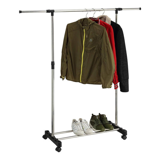 Adjustable Rolling Clothes Rack with Wheels, Heavy Duty Garment Rack, Portable Metal Clothing Hanging Stand, Extendable Coat Rack for Bedroom, Laundry Room, Retail Store & Home Organization