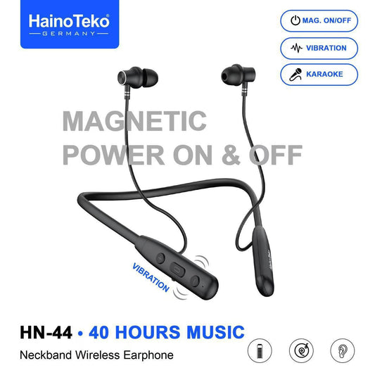HainoTeko HN-44 Wireless Neckband Earphones Bluetooth Magnetic Earphone with 40 Hours Playtime, Vibration Alert, Hi-Res Audio, Karaoke Mode & Built-in Mic – Black