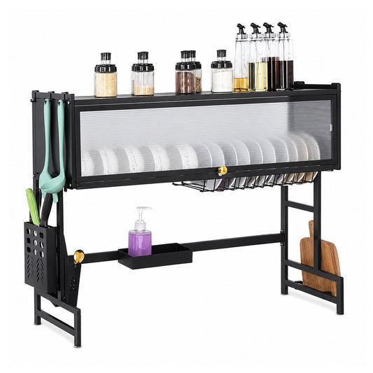 Multifunctional Kitchen Organizer Rack Over-Sink Kitchen Dish Drying Rack with Dustproof Sliding Cover,Utensil Holder, Knife Holder, Cutting Board Rack, Hooks & Drainage Shelf – Black
