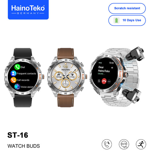 HainoTeko ST-16 Watch Buds Smartwatch with Built-in Wireless Earbuds AMOLED Display, Bluetooth Calling, 3 Interchangeable Straps, 10-Day Battery Life and Charging Cable Designed for Men