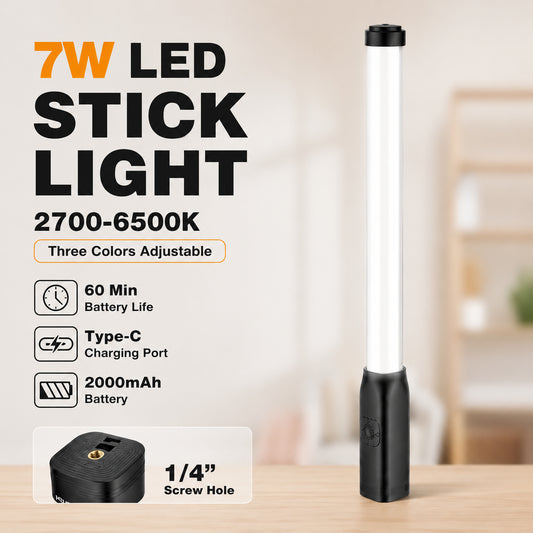 Rechargeable LED Stick Lamp with Adjustable Color Temperature Portable Handheld Light, Type-C Charging, 2000mAh Battery for Photography, Video Recording & Makeup