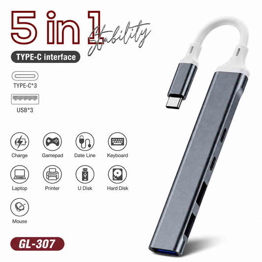 5-in-1 USB Type-C Hub Adapter with 3 USB 3.0 Ports Fast Charging Port Data Transfer Dock Multiport Converter for Laptop Smartphones
