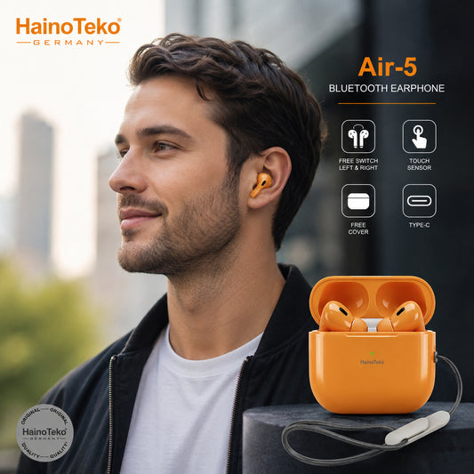 HainoTeko Air-5 Wireless Bluetooth Earbuds with Touch Sensor Built-in Speaker Multi-Functioanal Touch Control and Microphone Compatible With Android Mobiles and Tablets Orange