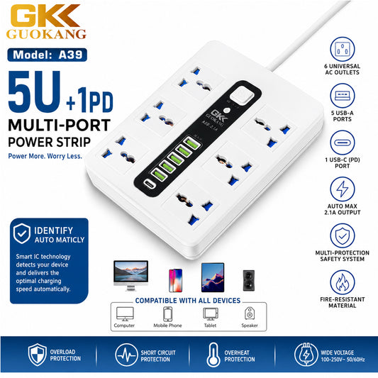 GKK GUOKANG A39 Universal Extension Power Strip with 6 Universal AC Sockets, 5 USB Charging Ports & 1 PD Fast Charging Port, Smart Auto Identification, Multi-Plug Power Extension Board White