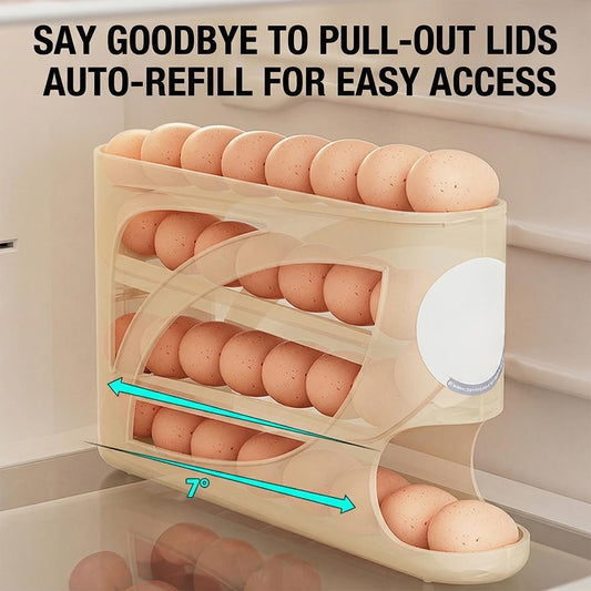 Automatic Rolling Egg Dispenser for Refrigerator, 4 Tier Egg Rack for Fridge, Space Saving Fridge Container, Holds 30 Eggs, Kitchen and Countertop Storage
