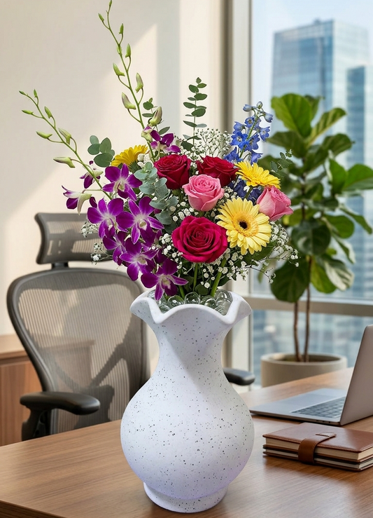 Lacoz Handcrafted Multipurpose Ceramic Flower Vase, White Ruffled Rim Design, Speckled Finish, Decorative Vase for Home Décor, Office, Hotel, School, Hospital