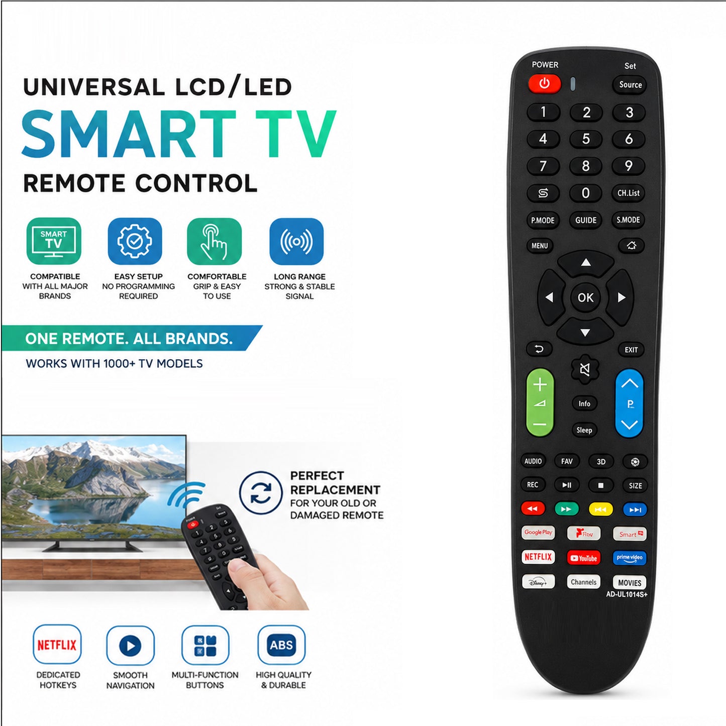 Universal Smart TV Remote Control for LCD, LED & Smart TVs – Compatible with 1000+ TV Models, Easy Setup, Long-Range IR Signal, Dedicated Streaming Hotkeys