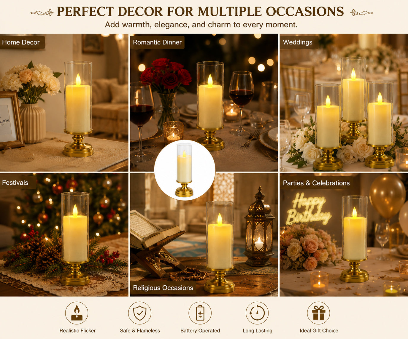 Flameless LED Candle Table Lamp with Glass Cover & Gold Base – Warm Flickering Decorative Light for Home and Office Decor