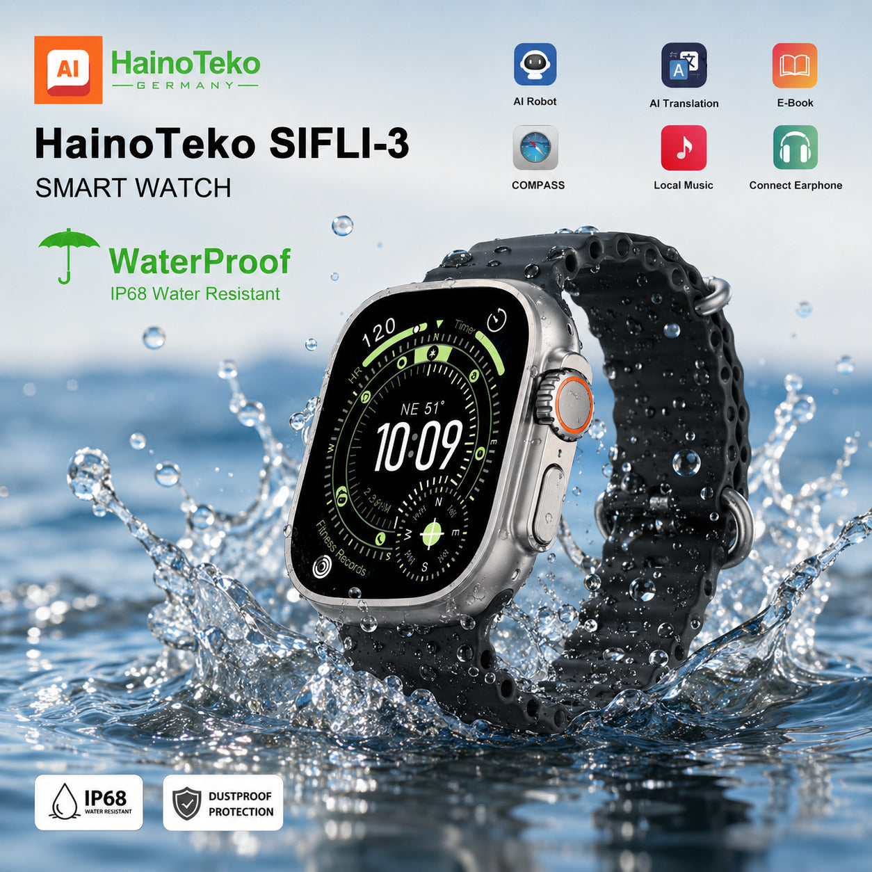 HainoTeko SIFLI-3 Waterproof Design Smart Watch with 2.02 Inch AMOLED Display BT Calling AI Translation 20 Days Battery Backup 3 Pair Straps and Charging Cable Designed for Men