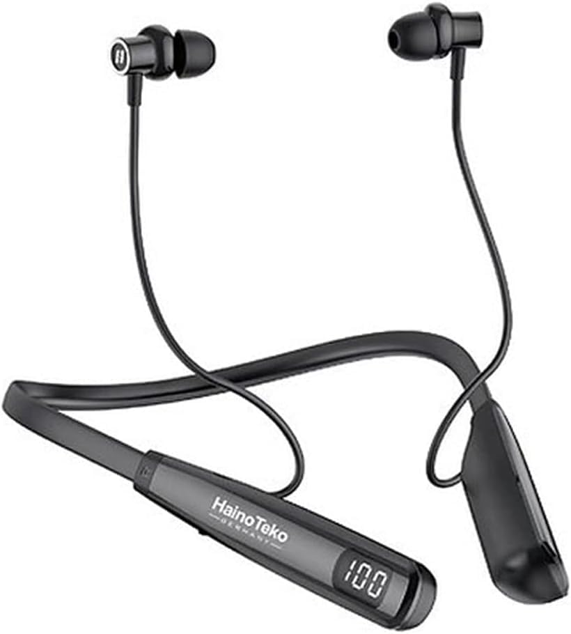 HainoTeko HN-80 Wireless Neckband Bluetooth Earphones with 80 Hours Playtime, Deep Bass, Magnetic Earbuds, LED Display, Fast Charging & HD Mic for Calls Black