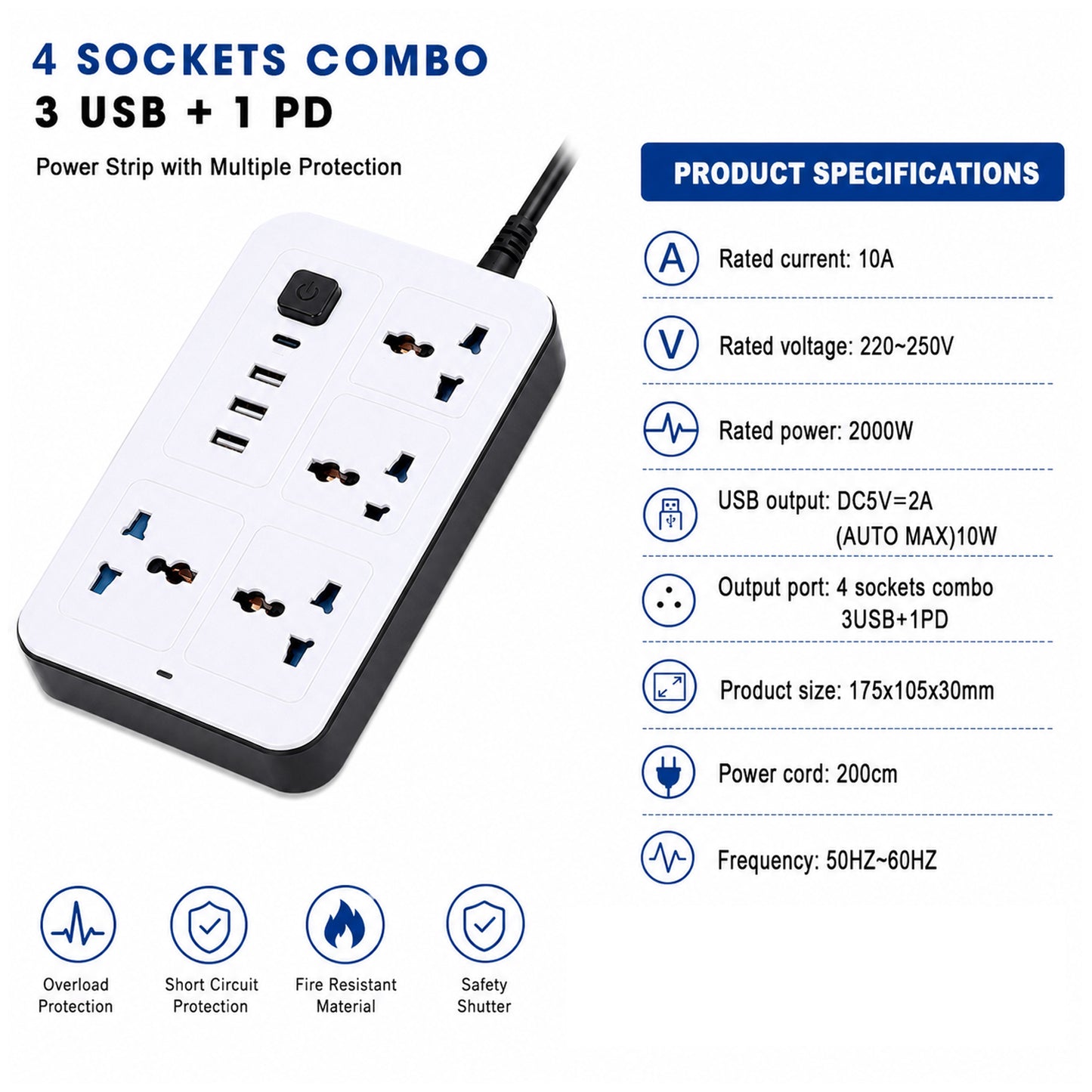 GKK GUOKANG A37 Power Extension Board with 4 Universal Sockets, 3 USB Ports & 1 PD Fast Charging Port, 2000W, 2m Power Cord, 10A Multi Plug Extension Socket – White