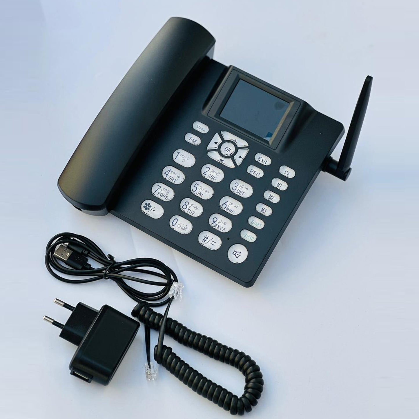 Dual SIM GSM Fixed Wireless Desktop Phone with LCD Display, External Antenna, FM Radio, SMS Support, Hands-Free Calling, Rechargeable Battery for Home & Office