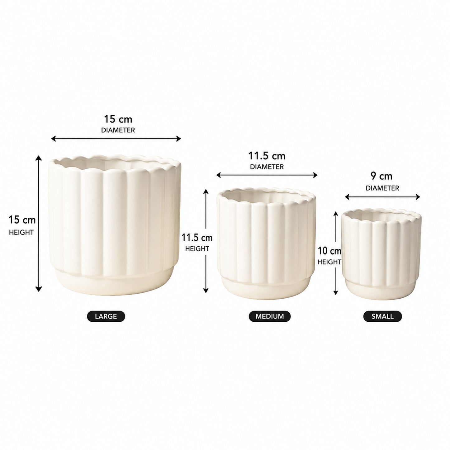 Set of 3 Decorative Fluted Plant Pots with Drainage Tray Modern Round Flower Pots for Indoor & Outdoor Plants,Home, Balcony, Patio & Office Decor White
