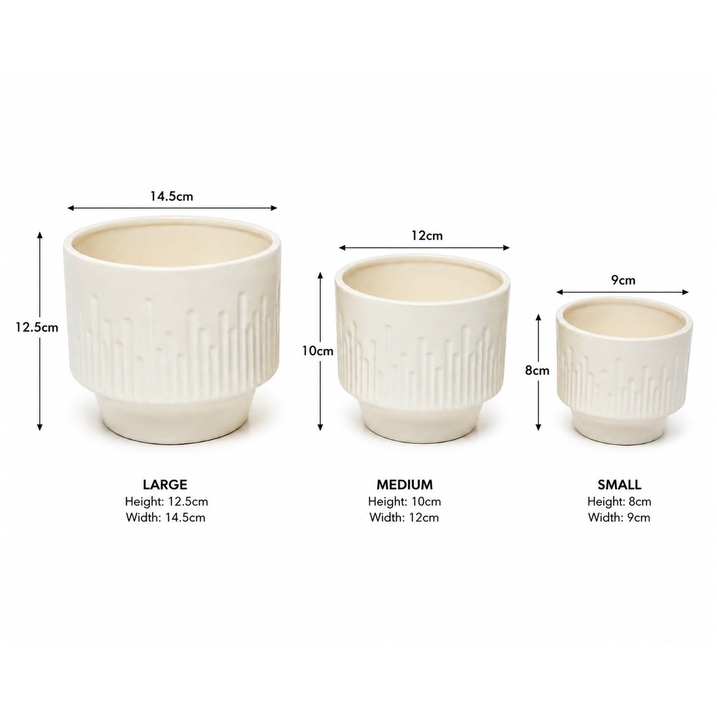 3-Piece Ceramic Flower Pot Set with Textured Design Decorative Indoor & Outdoor Planters for Succulents, Cactus, Herbs & Small Plants White