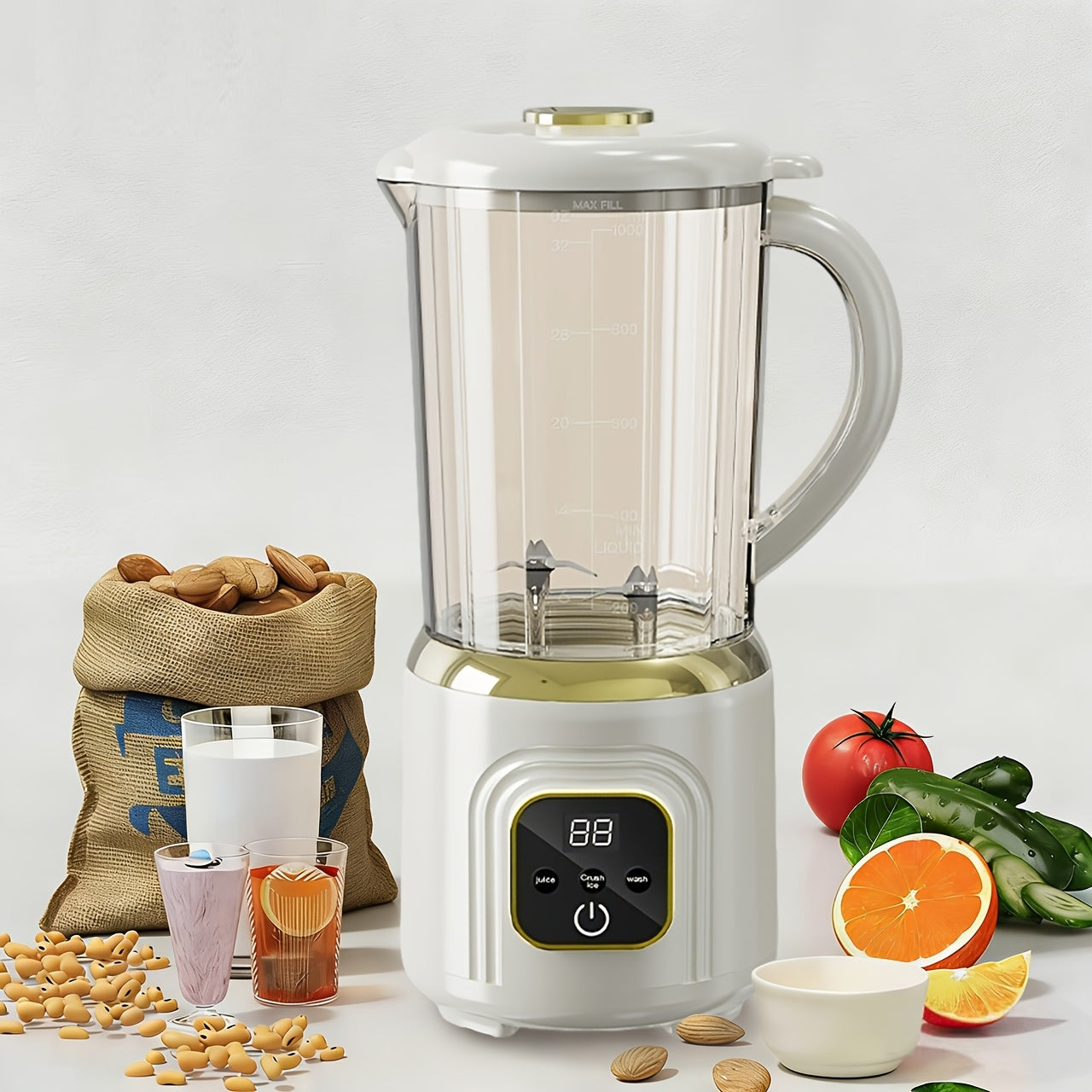 Portable Rechargeable Double-Knife Blender Juicer with Stainless Steel Blades, 1000ml Large Capacity Smoothie Maker, USB Charging Multipurpose Fruit and Ice Crusher White