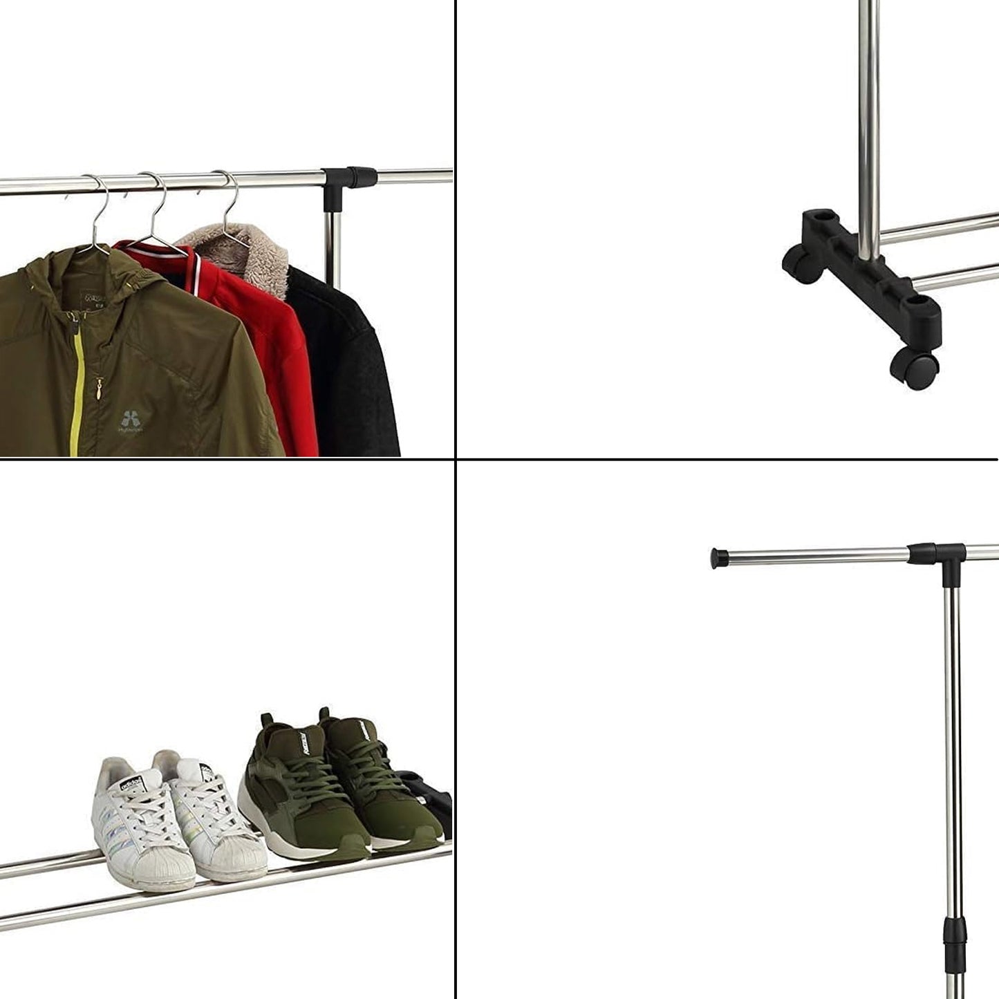 Adjustable Rolling Clothes Rack with Wheels, Heavy Duty Garment Rack, Portable Metal Clothing Hanging Stand, Extendable Coat Rack for Bedroom, Laundry Room, Retail Store & Home Organization