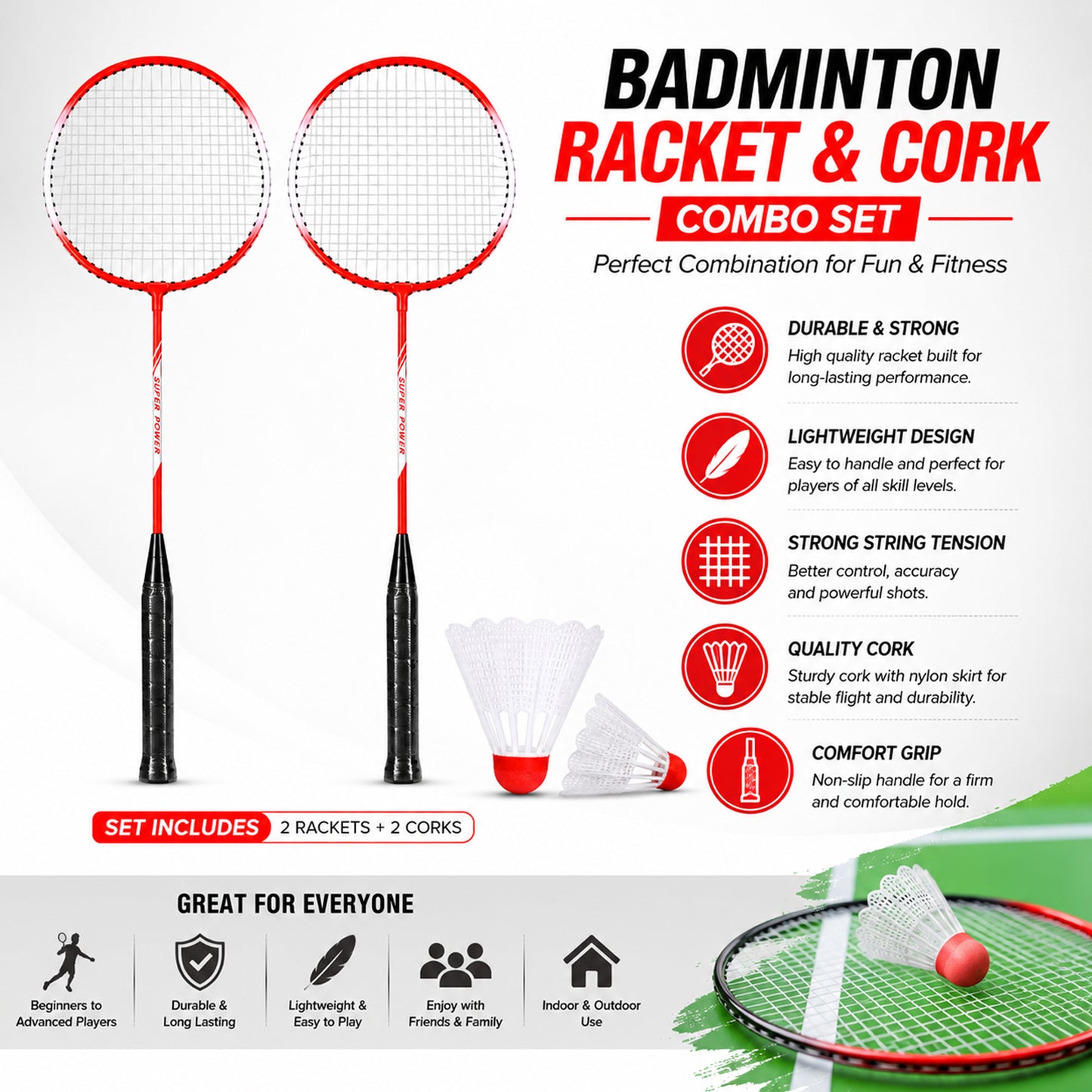 Badminton Racket & Shuttlecock Combo Set – 2 Lightweight Durable Steel Badminton Rackets with 2 Nylon Shuttlecocks, Non-Slip Grip, Pre-Strung Racquets for Indoor & Outdoor Sports