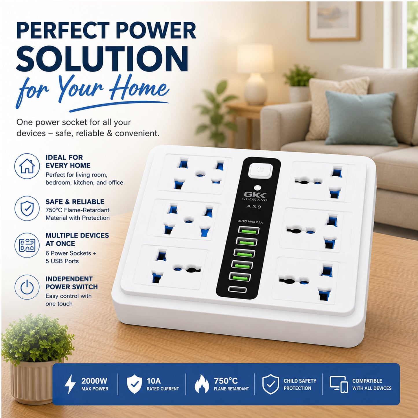 GKK GUOKANG A39 Universal Extension Power Strip with 6 Universal AC Sockets, 5 USB Charging Ports & 1 PD Fast Charging Port, Smart Auto Identification, Multi-Plug Power Extension Board White