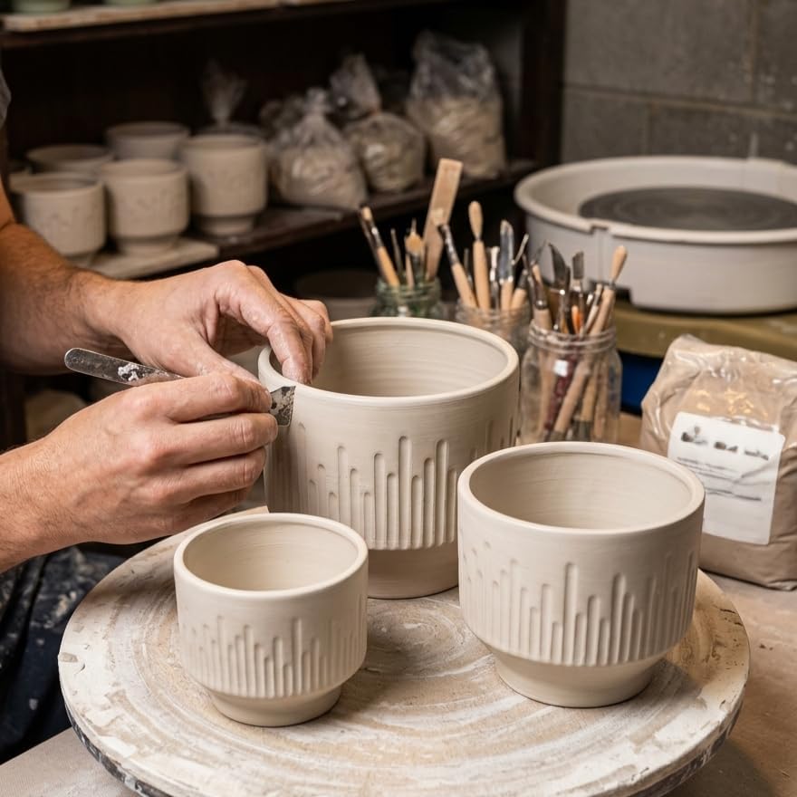 Premium Artisan Ceramic Planter Pots Set of 3 Matte White Stoneware Indoor Flower Pots with Drainage Hole Decorative Plant Pot Combo for Home & Office Décor