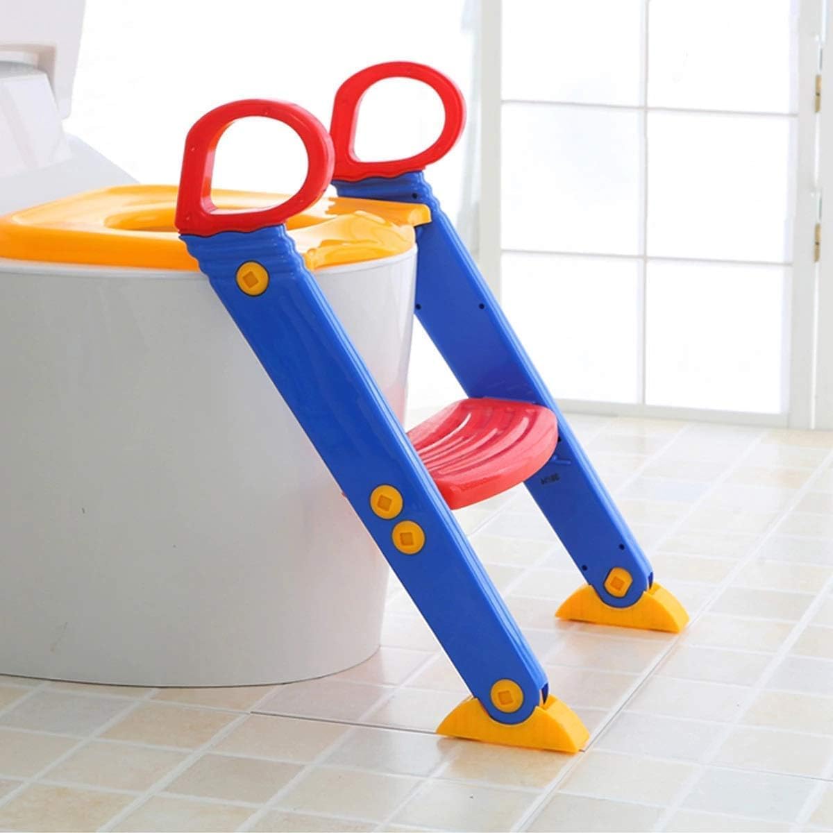 Folding Baby Potty Training Seat with Ladder for Kids Adjustable Toddler Toilet Trainer Seat with Anti-Slip Steps & Safety Handles Multicolour