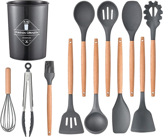 12 Pcs Silicone Cooking Utensils Kitchen Utensil Set - 446°F Heat Resistant,Turner Tongs, Spatula, Spoon, Brush, Whisk, Wooden Handle Gray Kitchen Gadgets with Holder for Nonstick Cookware