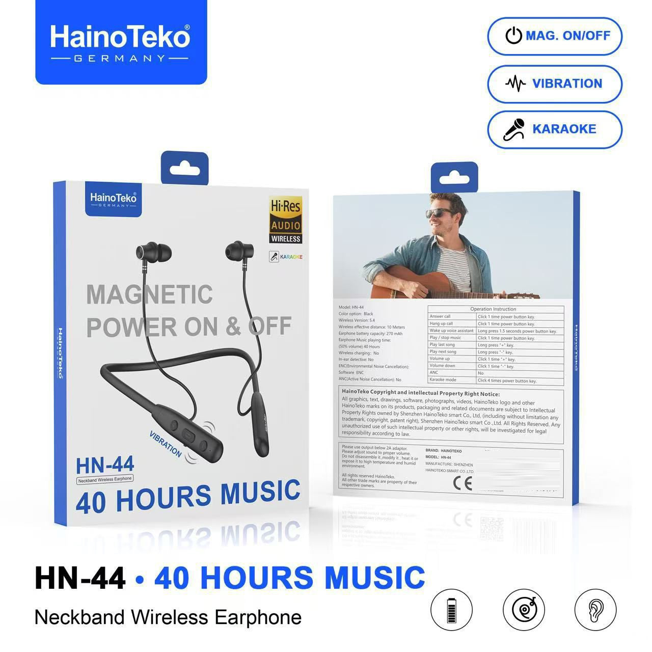 HainoTeko HN-44 Wireless Neckband Earphones Bluetooth Magnetic Earphone with 40 Hours Playtime, Vibration Alert, Hi-Res Audio, Karaoke Mode & Built-in Mic – Black
