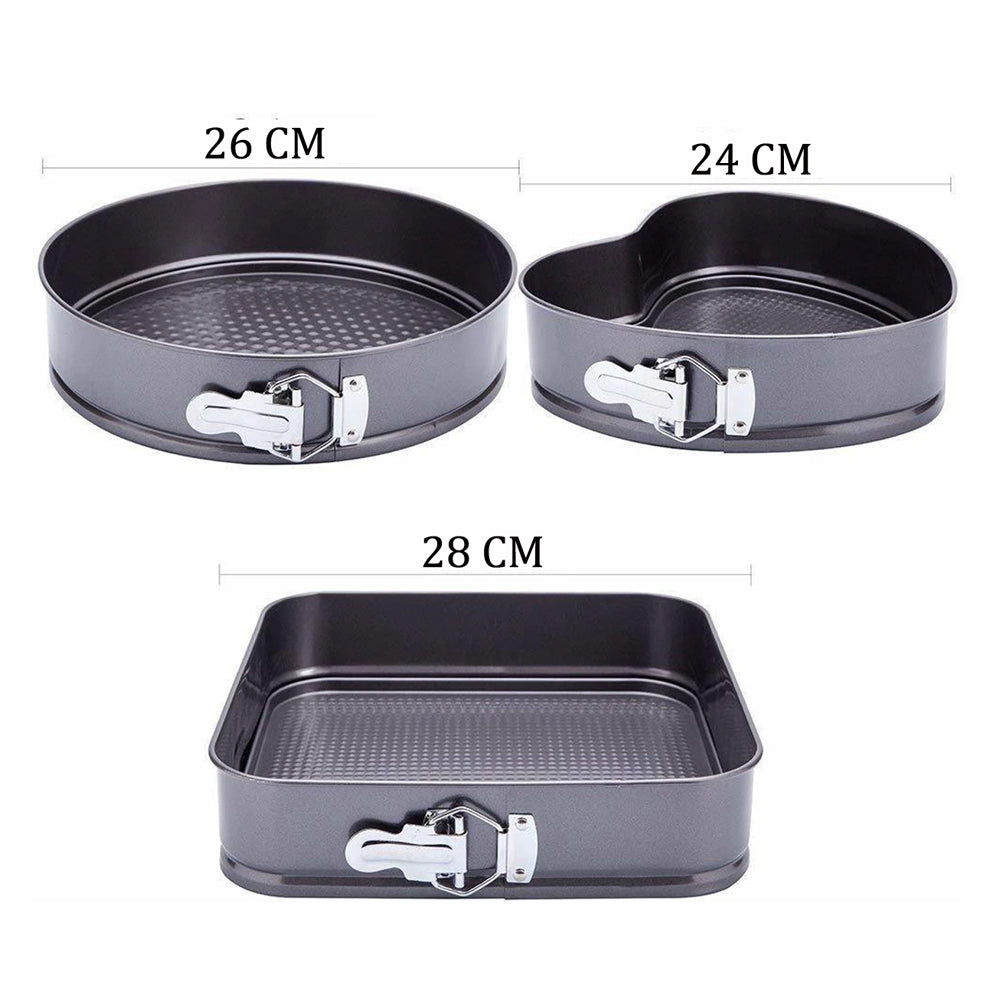 3-Piece Non-Stick Springform Cake Baking Pan Set Round, Heart & Square Shapes with Quick-Release Latch, Carbon Steel Bakeware Mould Set