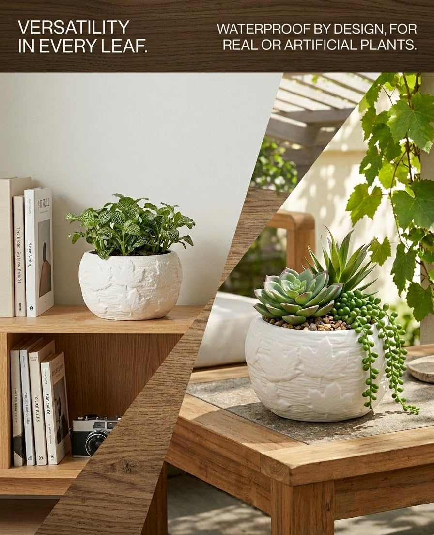 Multipurpose White Ceramic Pot with Leaf Pattern, Scandi Style, Indoor or Outdoor Planter, Desktop Storage, 13.5x9cm