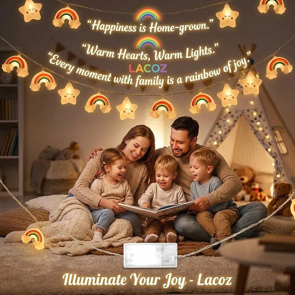 20 LED String Lights with Cute Smiling Star and Cloud Rainbow Design, Battery Operated, 3m, Warm Lights for Kids Room, Bedroom, Nursery, Party Decoration