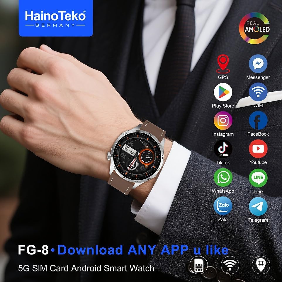 HainoTeko FG-8 5G Android Smart Watch with SIM Card Support, AMOLED Display, Download Any App, GPS, WiFi, Bluetooth Calling & Social Media Access