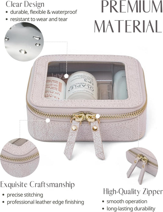 Lacoz Small Cosmetic Bag for Purse Mini Makeup Bag for School Cute Clear Make Up Pouch for Travel Tiny Leather White Make Up Organizer Case