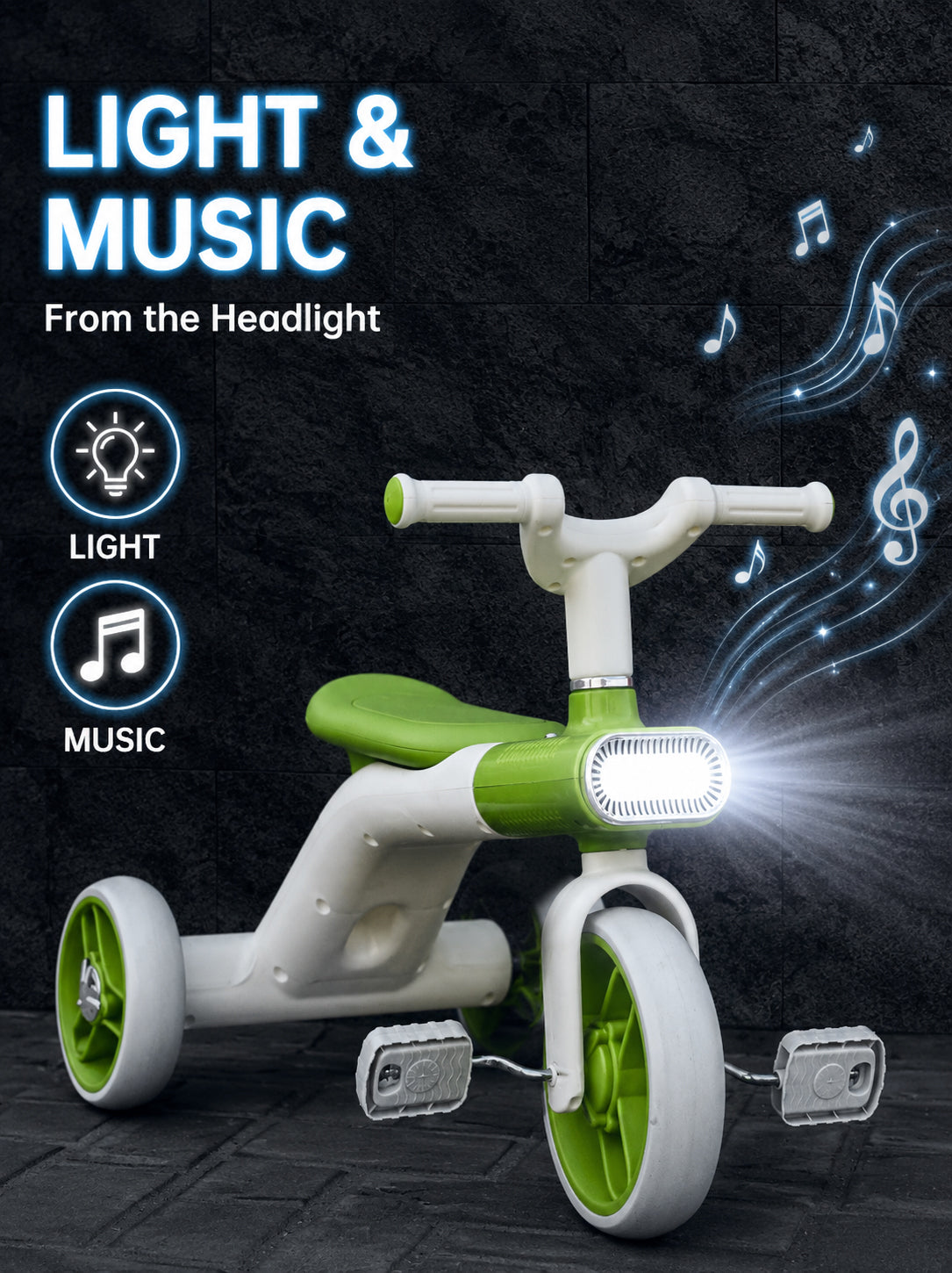 Kids Tricycle Pedal-Powered Ride-On Trike with Built-in Light & Music Headlight EVA Silent Wheels, Anti-Slip Pedals, Comfortable Seat, Durable Frame Indoor & Outdoor First Bicycle for Boys and Girls
