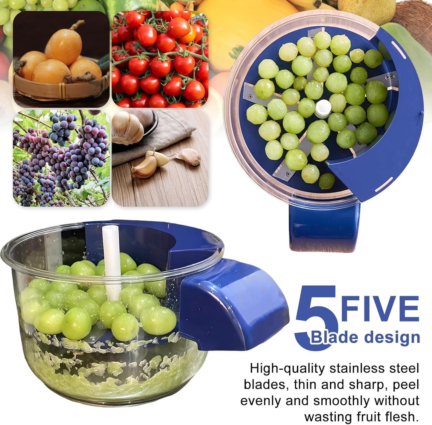 Lacoz Rechargeable Automatic Grape Peeler Machine With 5-Blade Stainless Steel System 1300mAh Rechargeable Battery Small Commercial Fruit Skin Remover Tool for Cherry Tomatoes and Garlic