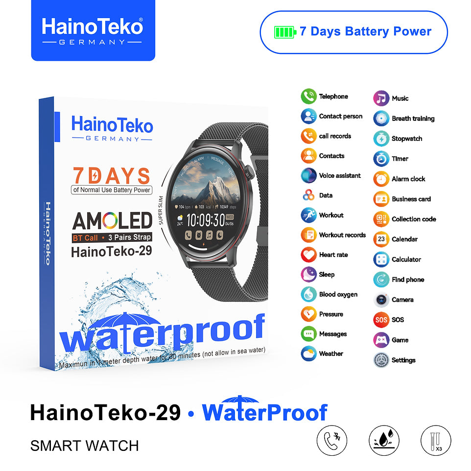 Haino Teko 29 Waterproof Design Smart Watch With AMOLED Display BT Calling 3 Pair Straps and Charging Cable Designed for Ladiesand Gents