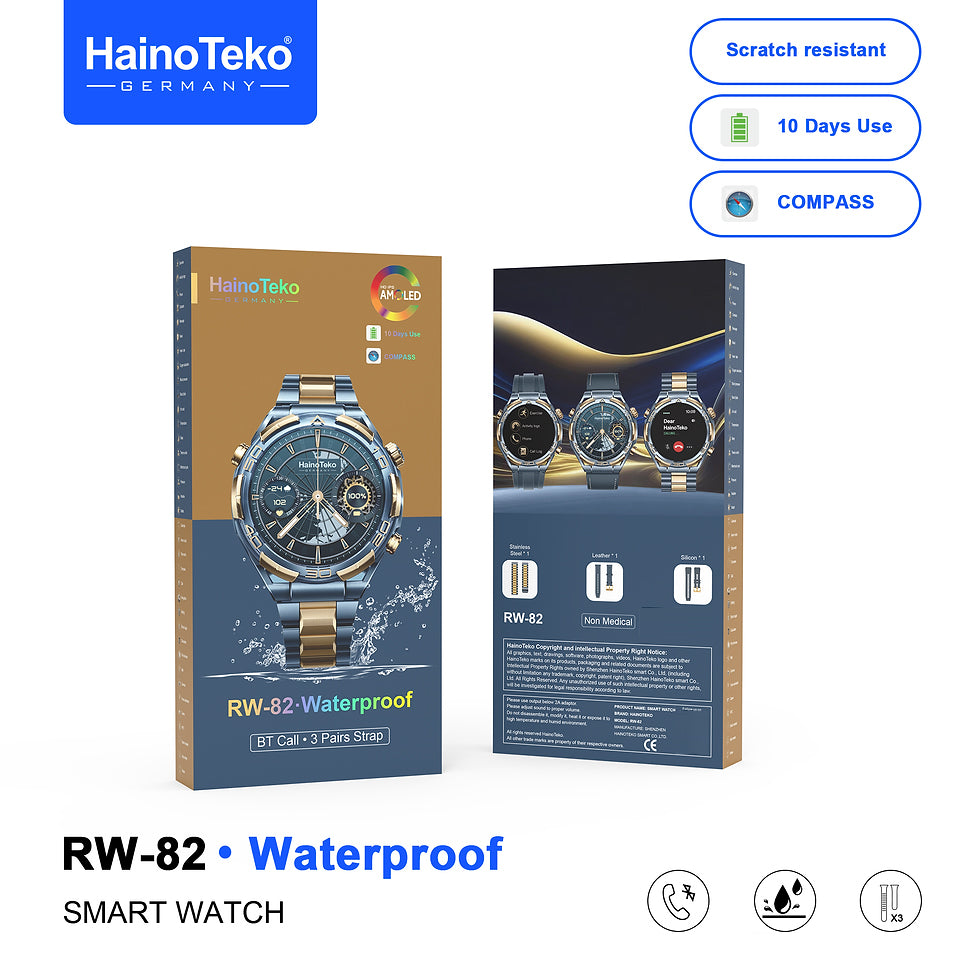 HainoTeko RW-82 Waterproof Smart Watch with Bluetooth Calling AMOLED Display, Compass Function, 3 Interchangeable Straps and 10 Days Battery Life Designed for Men