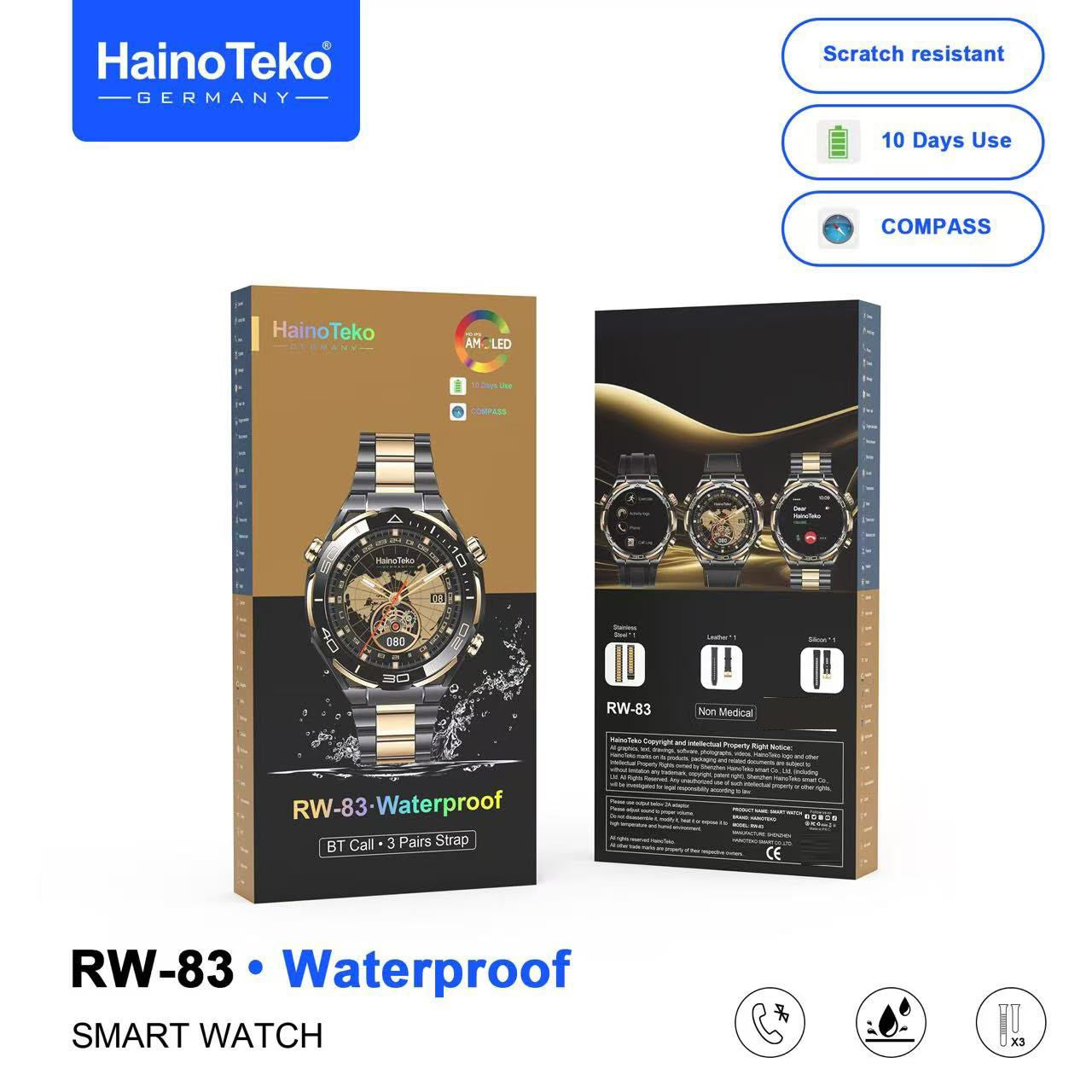 Haino Teko RW-83 Waterproof Smart Watch with Bluetooth Calling AMOLED Display, Compass, 10-Day Battery Life & 3 Interchangeable Straps Designed for Men