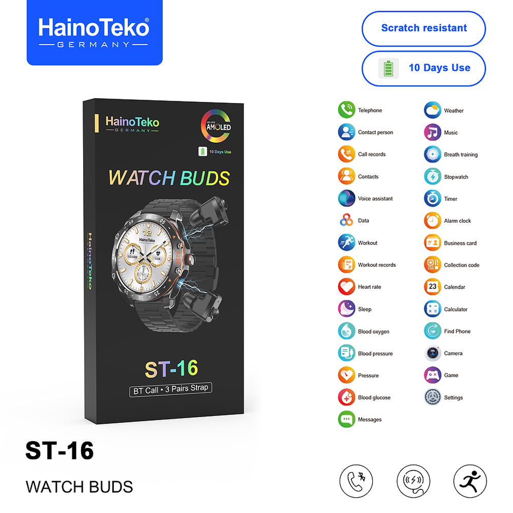 HainoTeko ST-16 Watch Buds Smartwatch with Built-in Wireless Earbuds AMOLED Display, Bluetooth Calling, 3 Interchangeable Straps, 10-Day Battery Life and Charging Cable Designed for Men