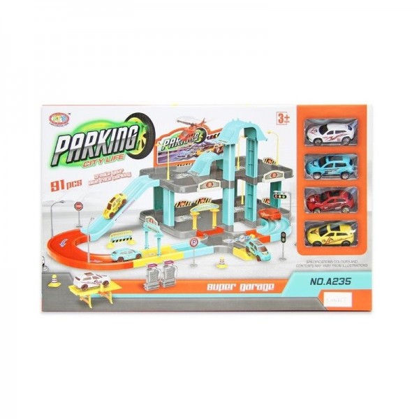 City Life Parking Garage Playset 2-Level Toy Car Garage with 4 Cars Ramps Signs and Accessories Multi-Storey Parking Toy for Boys Girls Safe and Durable Learning Gift