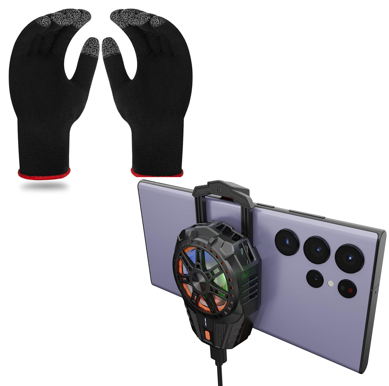 Gaming Cooler Fan & Finger Sleeve Combo Set – Wired Mobile Phone Cooling Fan with 3-Level Speed Adjustment, RGB LED Lights, USB Powered Smartphone Cooler with Anti-Sweat Gaming Gloves
