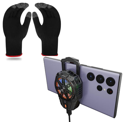 Gaming Cooler Fan & Finger Sleeve Combo Set – Wired Mobile Phone Cooling Fan with 3-Level Speed Adjustment, RGB LED Lights, USB Powered Smartphone Cooler with Anti-Sweat Gaming Gloves