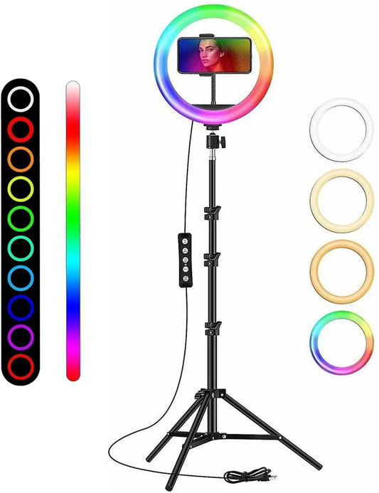 RGB LED Soft Ring Light with Mobile Holder & Adjustable Brightness 360° Rotating Selfie Ring Light for Live Streaming, Makeup, Photography & Video Recording (10 Inch)