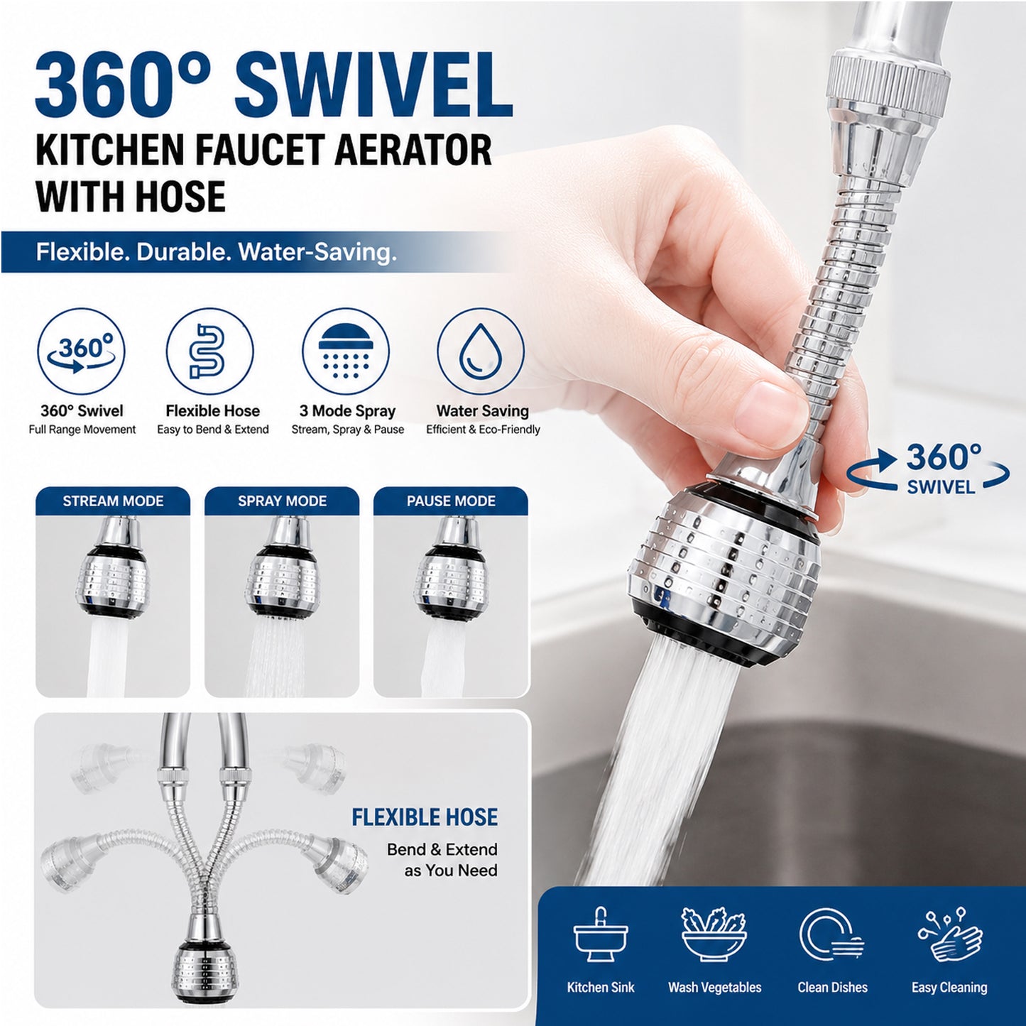 360° Swivel Kitchen Faucet Aerator with Flexible Hose-Water-Saving Sink Tap Nozzle Attachment, Universal Rotating Faucet Extender for Kitchen & Bathroom Sinks