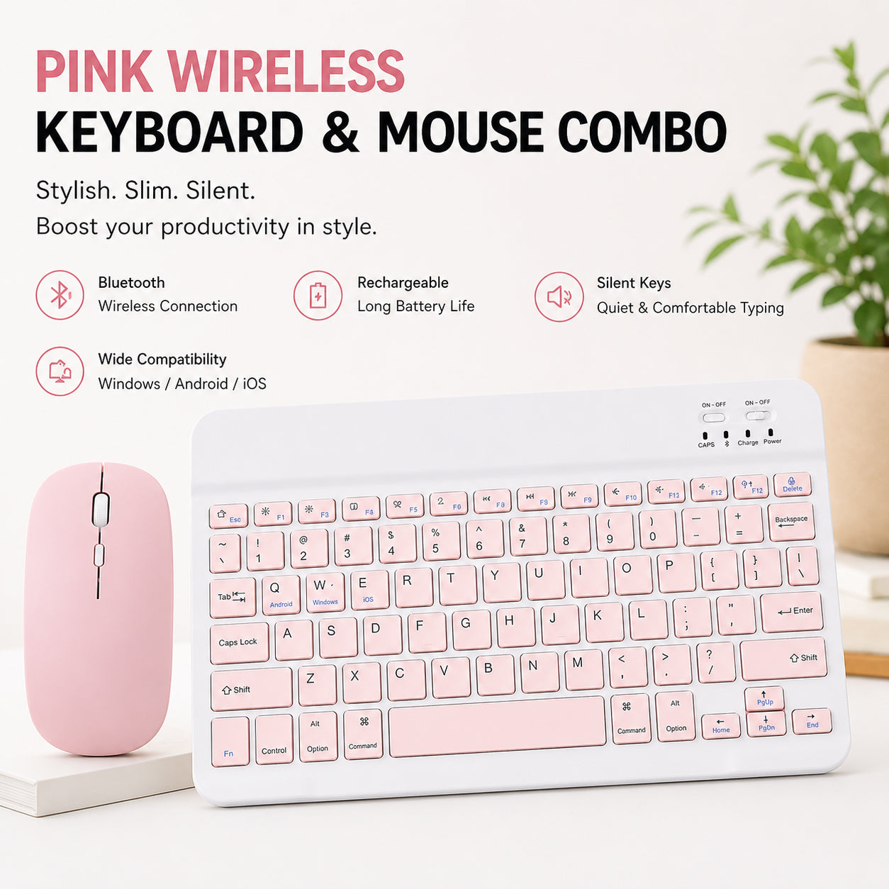 Wireless Bluetooth Keyboard and Mouse Combo – Rechargeable Slim Keyboard Kit with Multi-Device Support, Silent Click Mouse, Long Battery Life, Compact Portable Design for Laptop, PC, Tablet Pink