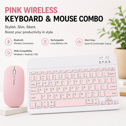 Wireless Bluetooth Keyboard and Mouse Combo – Rechargeable Slim Keyboard Kit with Multi-Device Support, Silent Click Mouse, Long Battery Life, Compact Portable Design for Laptop, PC, Tablet Pink
