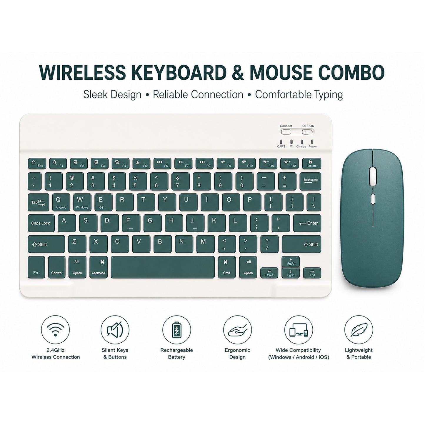 Wireless Rechargeable Keyboard & Mouse Combo with 2.4GHz USB Receiver, Silent Keys, Ergonomic Slim Design, Multi-Device Compatible for Windows, Android & iOS