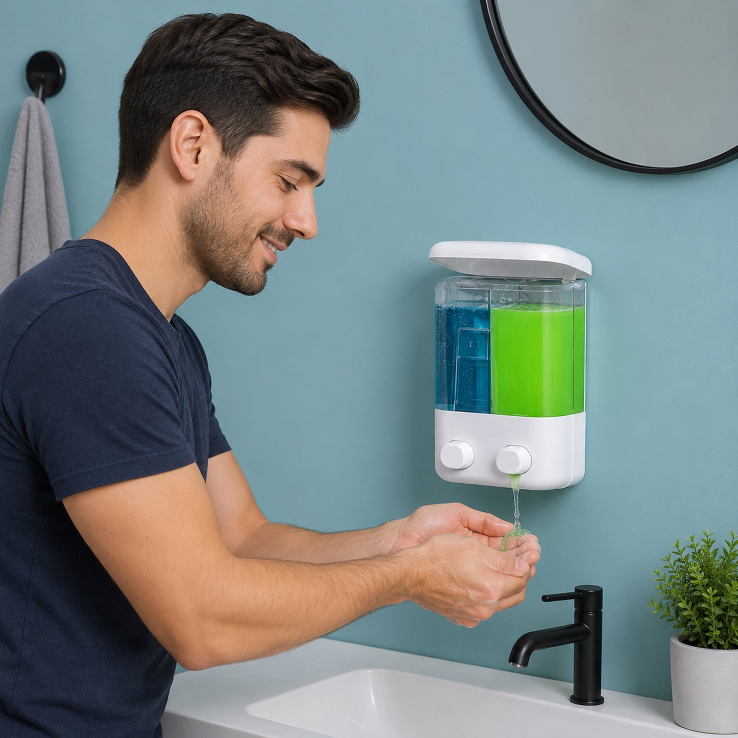 Double Chamber Wall Mounted 1000ml Soap Dispenser Manual Push Pump Liquid Soap & Shampoo Dispenser for Bathroom, Kitchen & Commercial Use