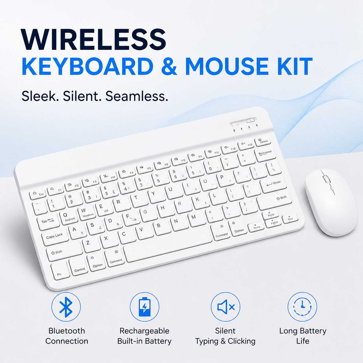 Wireless Bluetooth Keyboard and Mouse Combo – Rechargeable Slim Keyboard Kit with Multi-Device Support, Silent Click Mouse, Long Battery Life, Compact Portable Design for Laptop, PC, Tablet White