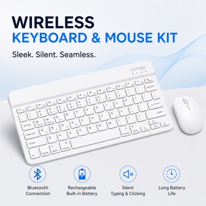 Wireless Bluetooth Keyboard and Mouse Combo – Rechargeable Slim Keyboard Kit with Multi-Device Support, Silent Click Mouse, Long Battery Life, Compact Portable Design for Laptop, PC, Tablet White